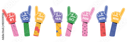Baseball Fan Foam Finger Gestures Set. Cartoon Vector Illustration of Supporter Hands Cheering in Stadium with Fun Sports Accessories and Player Support Poses Concept