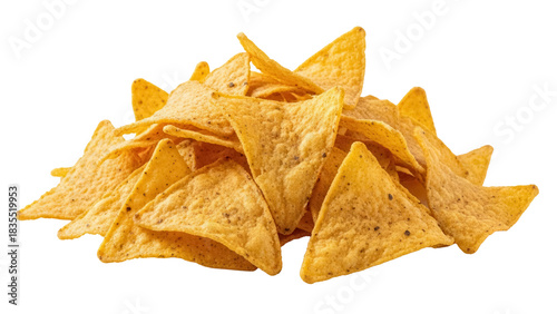 Pile of golden yellow corn tortilla chips isolated PNG, crunchy snack for dipping and parties on transparent background