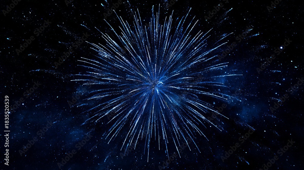 Fototapeta premium Stunning deep blue fireworks explode across the dark night sky, creating a mesmerizing and vibrant spectacle of light and celebration.