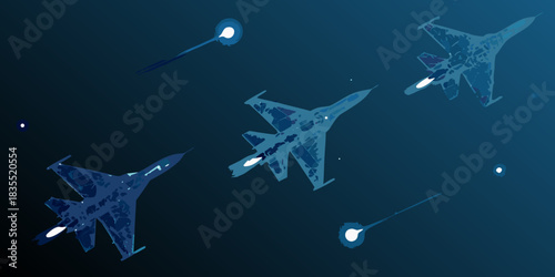 Abstract illustration of fighter jets with missiles in dark blue sky