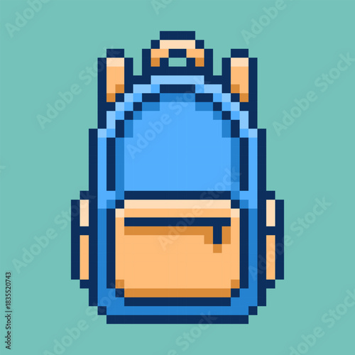 Classic blue school backpack designed in a clean retro pixel art style. This charming 8-bit illustration features a simple design with a yellow front zipper pocket and top handle