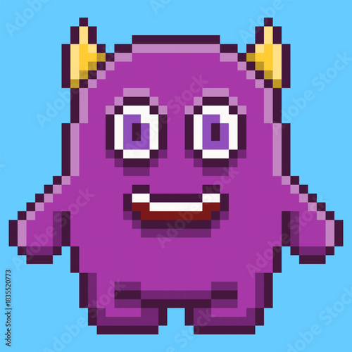 Playful purple monster character designed in retro pixel art style. This cute 8-bit creature features two big eyes, yellow horns, and a wide smile, an excellent choice for a friendly mascot