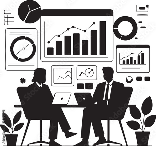 Business professionals analyzing financial data and charts on screens