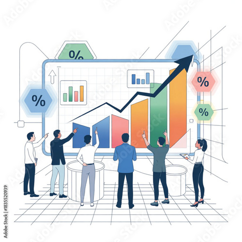 Diverse business team reviewing financial growth charts on a large digital display