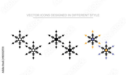 Snowflake icon set in different style with white background illustration