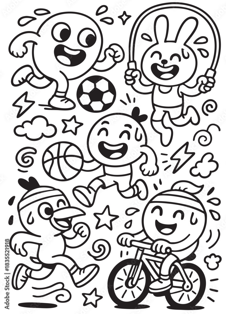Fototapeta premium Happy children playing soccer, basketball, jump rope, and riding bicycle, cartoon style