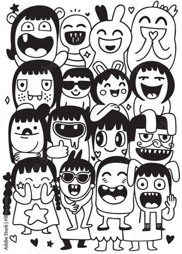 Happy cartoon children black and white group smiling playful doodle style joyful cute