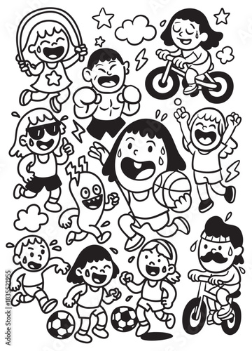 Children playing, jumping, cycling, and laughing together, joyful outdoor activity