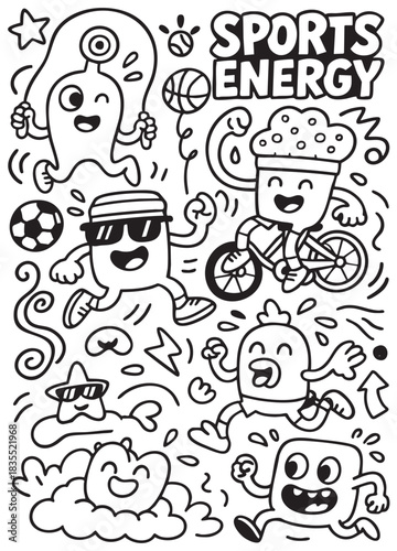 Sports energy cartoon character, happy doodle, soccer, cycling, running, playful, energetic mood