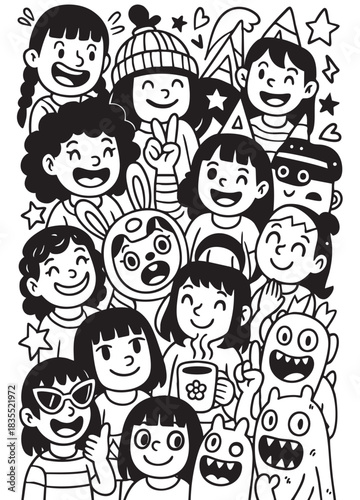 Group of children smiling, wearing costumes, party hats, and glasses, joyful celebration scene