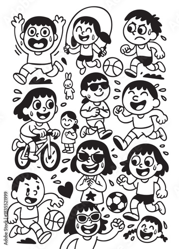 Happy children playing, running, jumping, skipping rope, riding bicycle, and laughing together