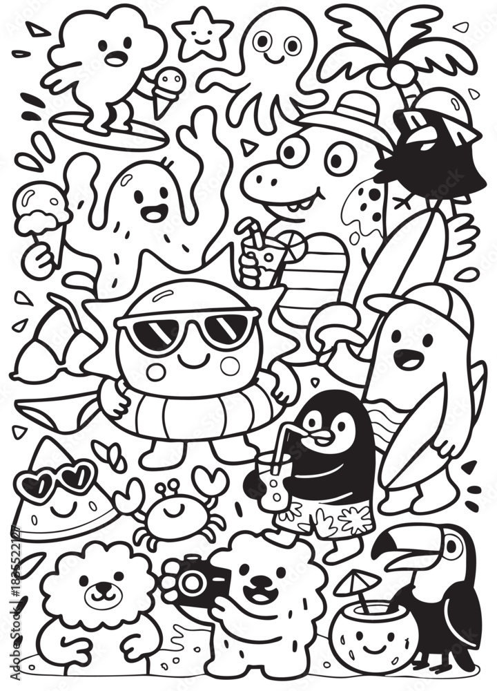 Naklejka premium Summer beach cartoon, animal, fruit, and ice cream, joyful, playful, black and white illustration