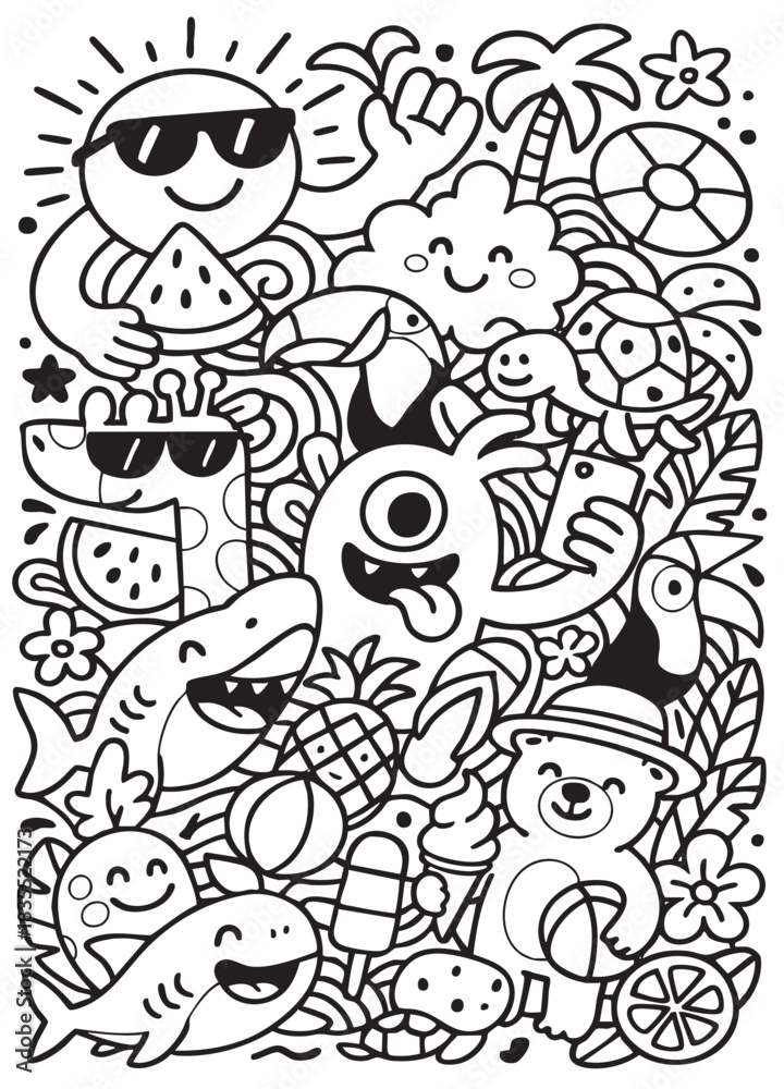 Fototapeta premium Summer cartoon black and white doodle happy beach animal fruit tropical fun playful