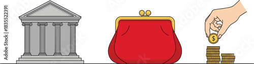 Financial vector illustration showing a classic bank building a large coin purse and a hand stacking gold coins representing saving investment and personal finance concepts