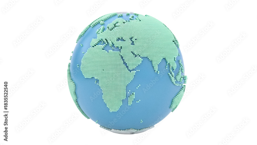 Fototapeta premium Pixelated Earth globe isolated PNG on transparent background, stylized world map with continents and oceans for graphic design