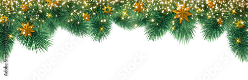 Christmas background with green fir branches and golden stern.
