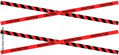 Two caution tapes and two restricted tapes crossed on a white background creating a barrier effect , ribbons, stripes, tape