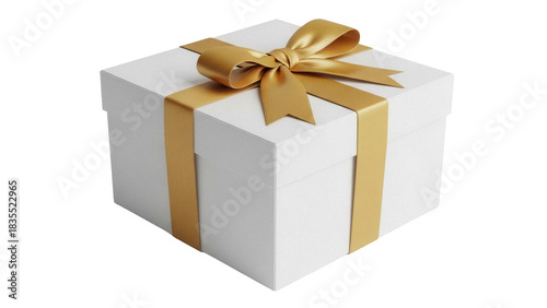 Elegant white gift box with golden ribbon and bow isolated PNG, present for special occasions and holidays on transparent background