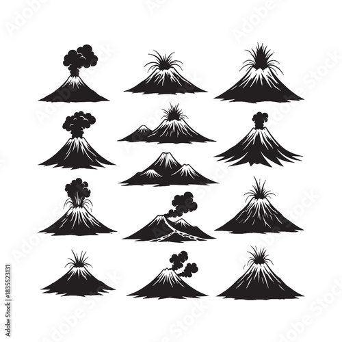 Volcano Silhouettes Collection, Volcano Silhouette, Mountain Vector, Natural Landscape Illustration