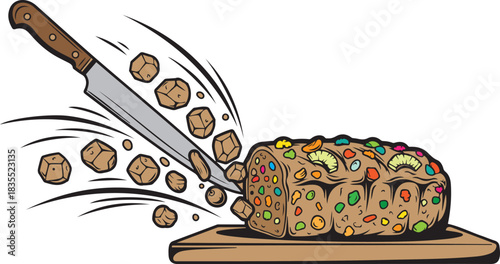 A large knife slicing into a colorful fruitcake on a wooden cutting board with pieces flying vector