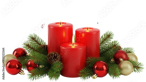 Festive red Christmas candles isolated PNG, adorned with pine branches, pinecones, and ornaments for holiday decorations on transparent background