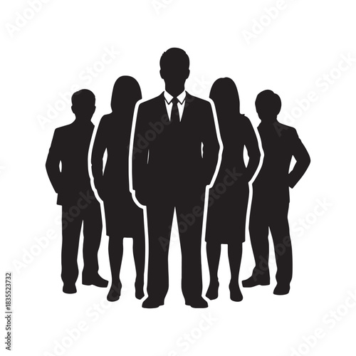 Black silhouette of five business people in suits standing together group team vector
