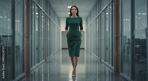 Confident business woman in green dress walking along modern glass office hallway corridor