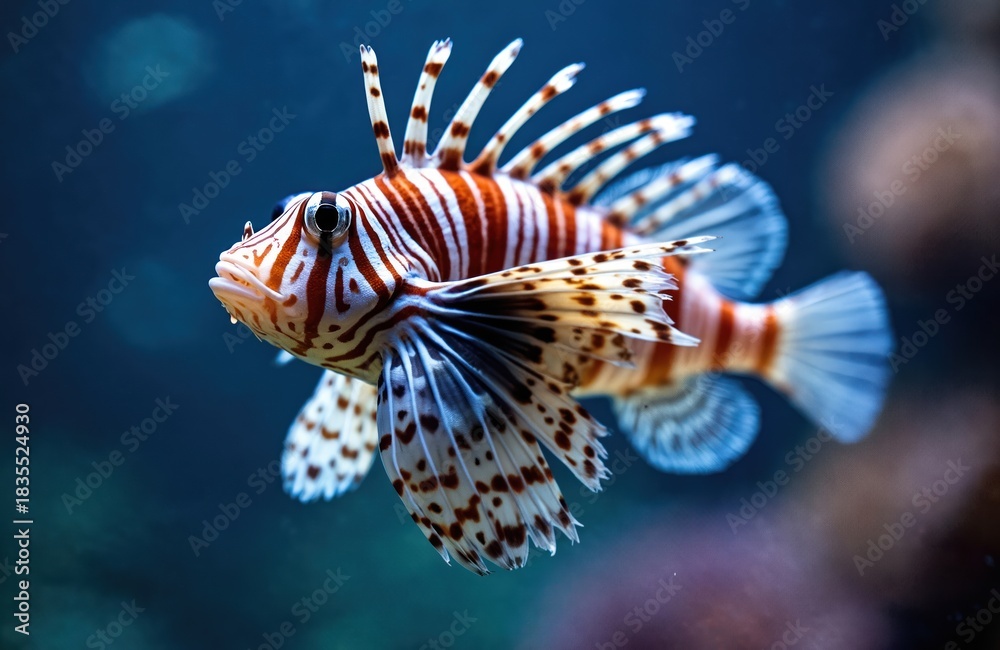 Obraz premium Red lionfish swims in dark blue water. Zebra patterned fins and striped body are visible. This venomous aquatic creature has a striking appearance.