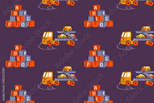 Colorful Toy Cars and Alphabet Blocks Pattern for Kids Products and Playroom Use
