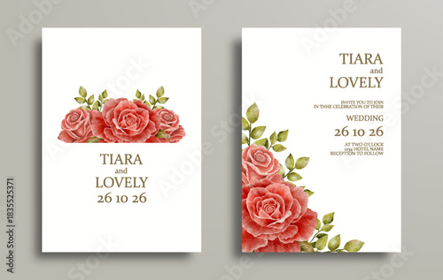 beautiful wedding invitation card with red rose watercolor design