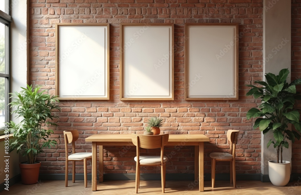 Fototapeta premium Three empty picture frames hang on red brick wall above wooden table with chairs. Plants add green color to cafe interior. Light streams through large window.