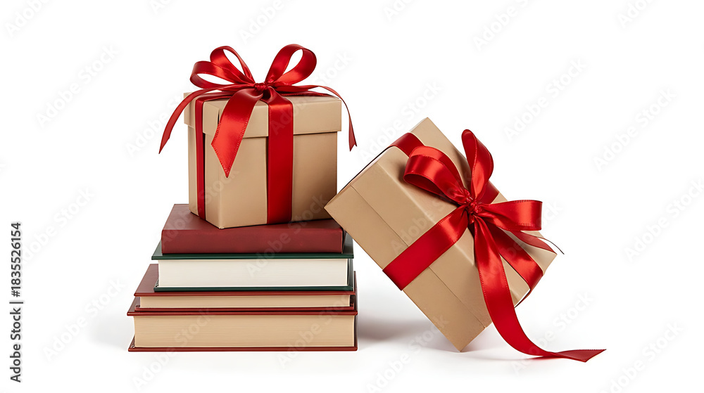 Obraz premium christmas gift box and stacked books with red ribbon decoration isolated on white background