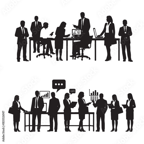 Black silhouettes of business people in office settings with charts and speech bubbles