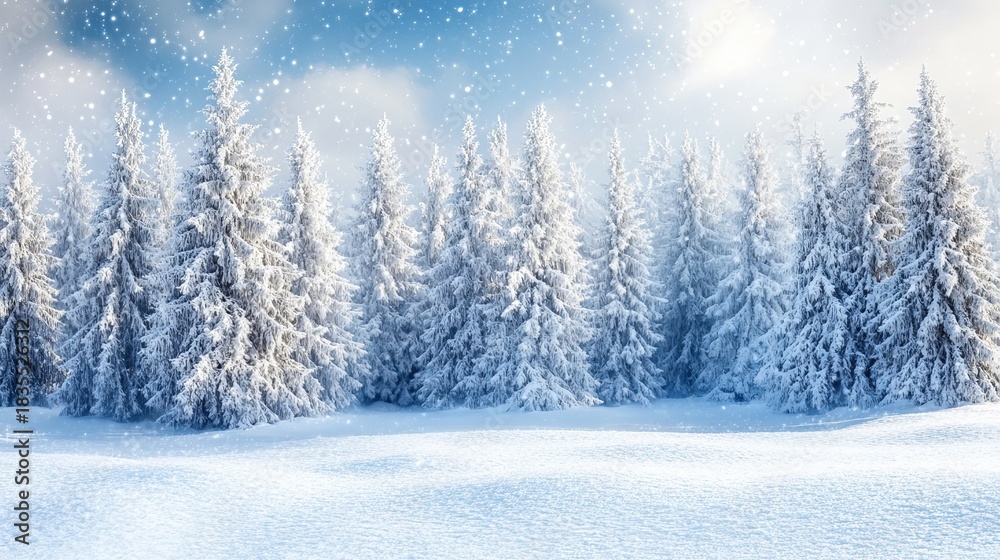 Fototapeta premium Winter wonderland scene with snow-covered fir trees and falling snowflakes creating a magical, serene winter landscape, perfect for holiday projects