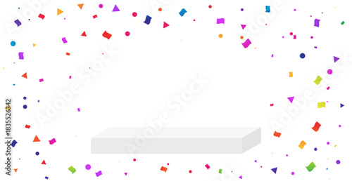 White Stage Podium with Colorful Confetti on White Background. Celebration. Vector Illustration