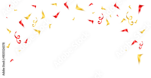 Gold and Red Confetti and Ribbon Falling on White Background. Festive Celebrations. Vector Illustration