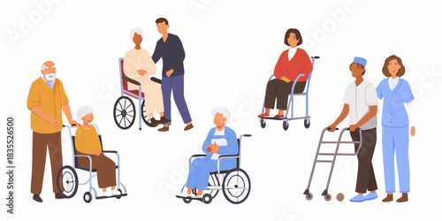 Elderly people with caregivers in wheelchairs and with walker illustration