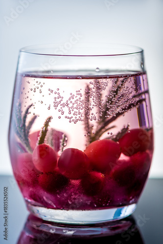 Christmas Snow Globe Cocktail With Sparkling Pink Drink, Cranberries And Rosemary, Festive Holiday Beverage Concept With Bubbles And Winter Magic Mood