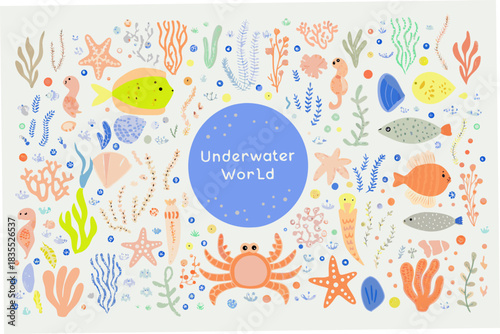 Cute underwater world illustration with fish starfish crab and seaweed