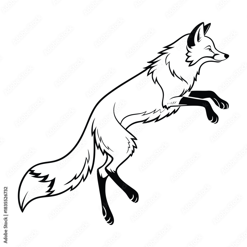 Fototapeta premium Stylized fox leaping gracefully, black line art illustration on white background, dynamic motion Vector