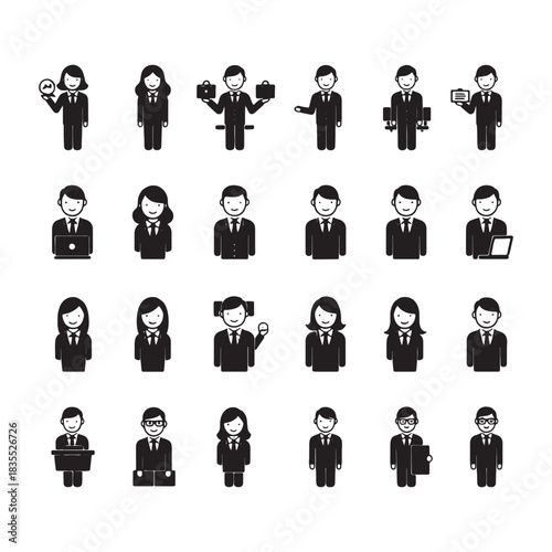 Black and white business people icons with briefcases laptops and charts women