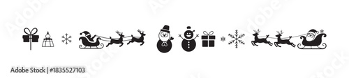 Winter holiday design elements featuring gift box, candle, snowflake, snowmen, and santa's sleigh with reindeer