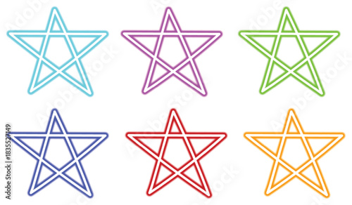 Colorful glowing neon star symbols set on png background, bright multi-colored five-pointed star shapes with light effect, of shiny neon signs collection