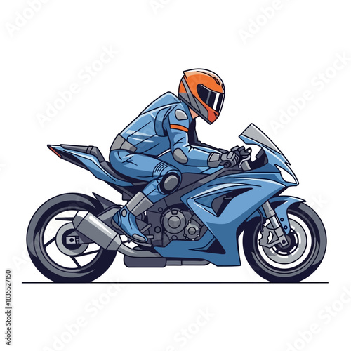 Dynamic illustration of a motorcycle rider in a blue suit speeding on a blue motorcycle