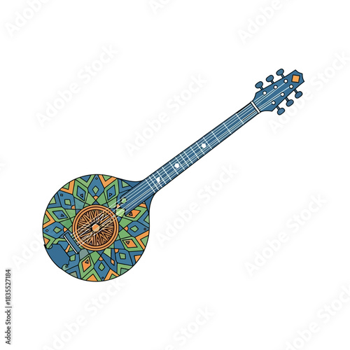 Ornate stringed instrument with intricate geometric details offering unique musical charm