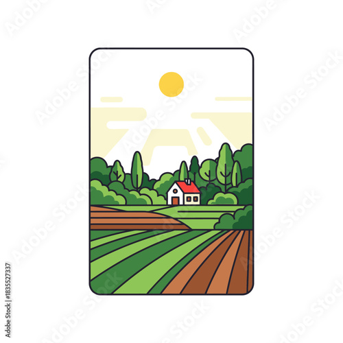 Minimalist countryside landscape with house and sun serene rural scene depiction