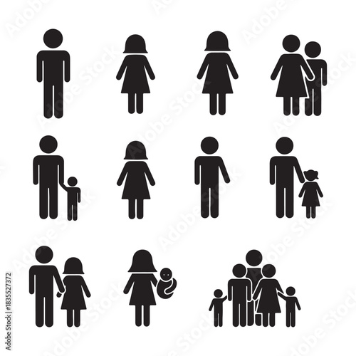 Black silhouette figures of families and individuals on white background family people