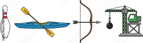 Sports and construction icon set, bowling pin, kayak with paddle, archery bow and arrow, industrial crane illustration, activity and equipment vector