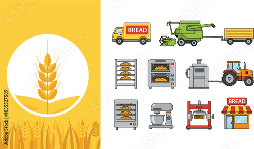 Wheat and bread production set, bakery industry machines, grain harvesting equipment, bread delivery truck, baking process illustration, agriculture to bakery workflow