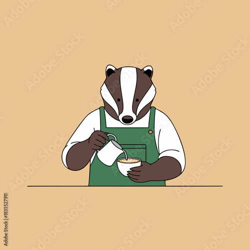 Hipster Badger Barista Pouring Latte Art Vector Illustration